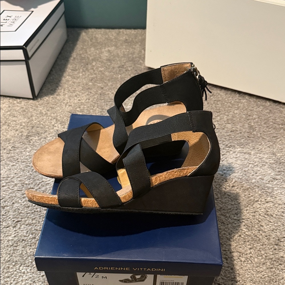 Adrienne Vittadini Black Strappy Wedges